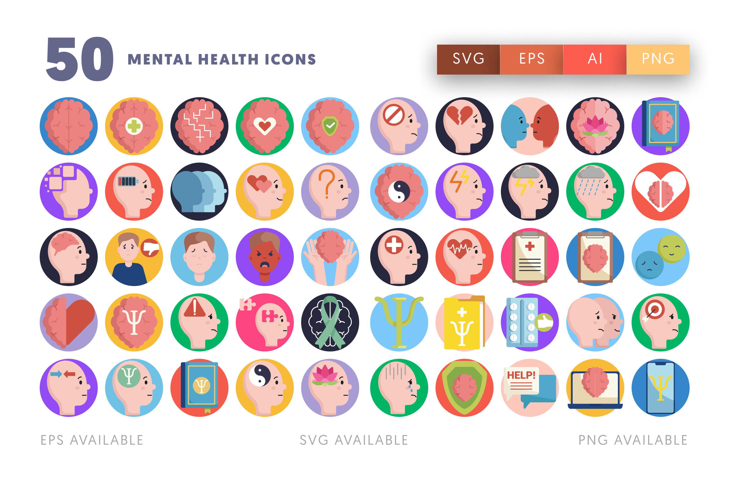 50 Mental Health Icons – flat circle icon set