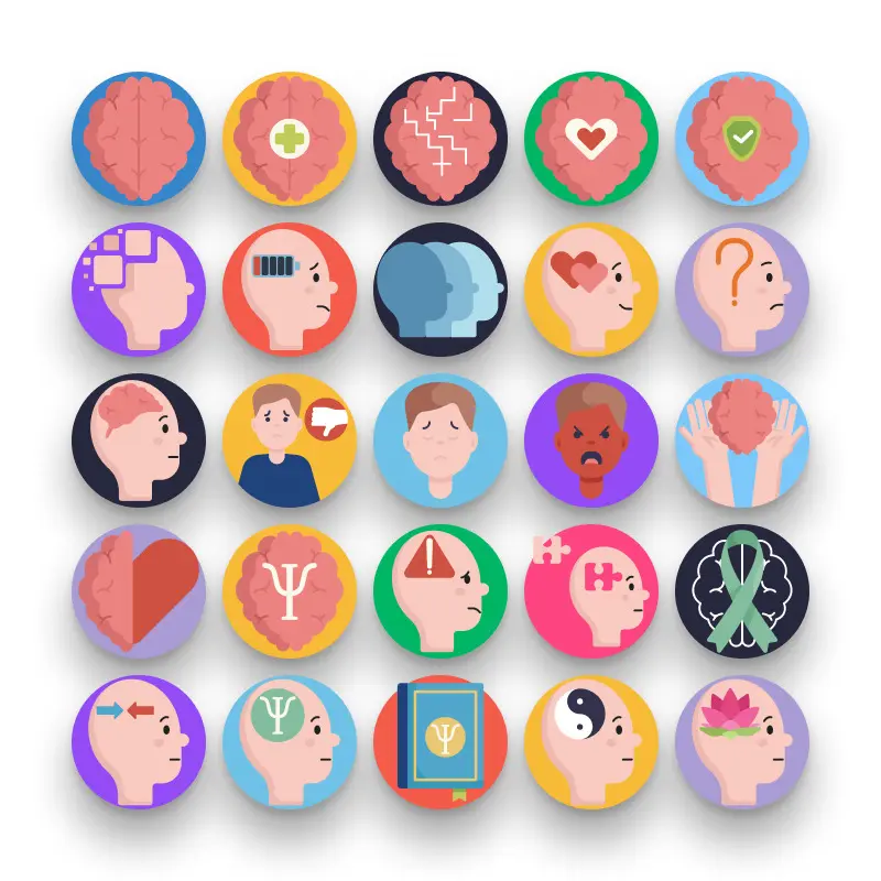 50 Mental Health Icons – set of colorful flat circle icons