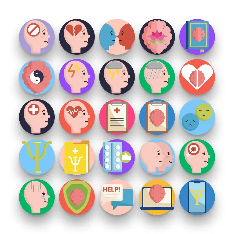 50 Mental Health Icons – set of colorful flat circle icons