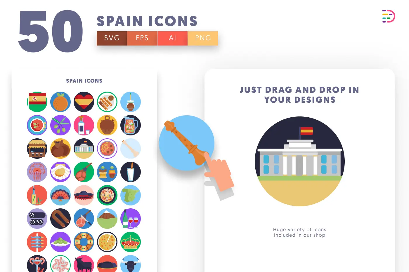 50 Spain Icons preview 1 – flat circle icons in PNG, SVG and EPS