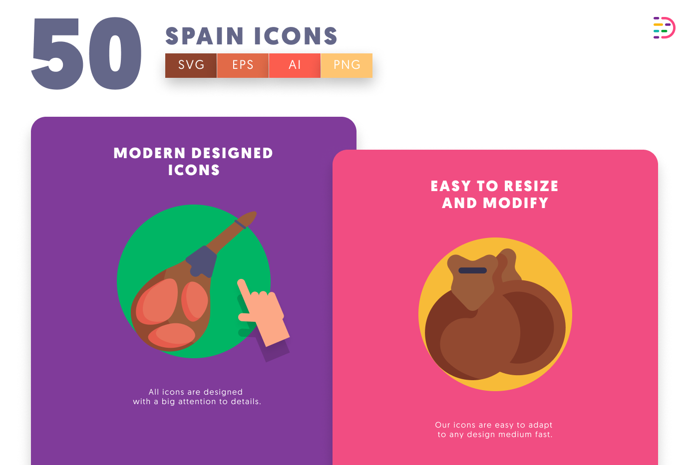 50 Spain Icons cover – flat circle icons in PNG, SVG and EPS