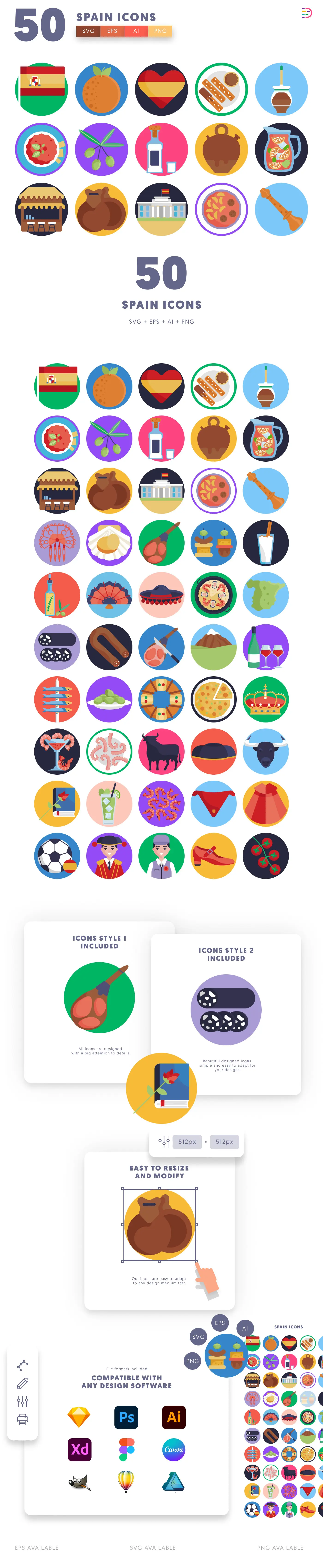50 Spain Icons cover – flat circle icons in PNG, SVG and EPS