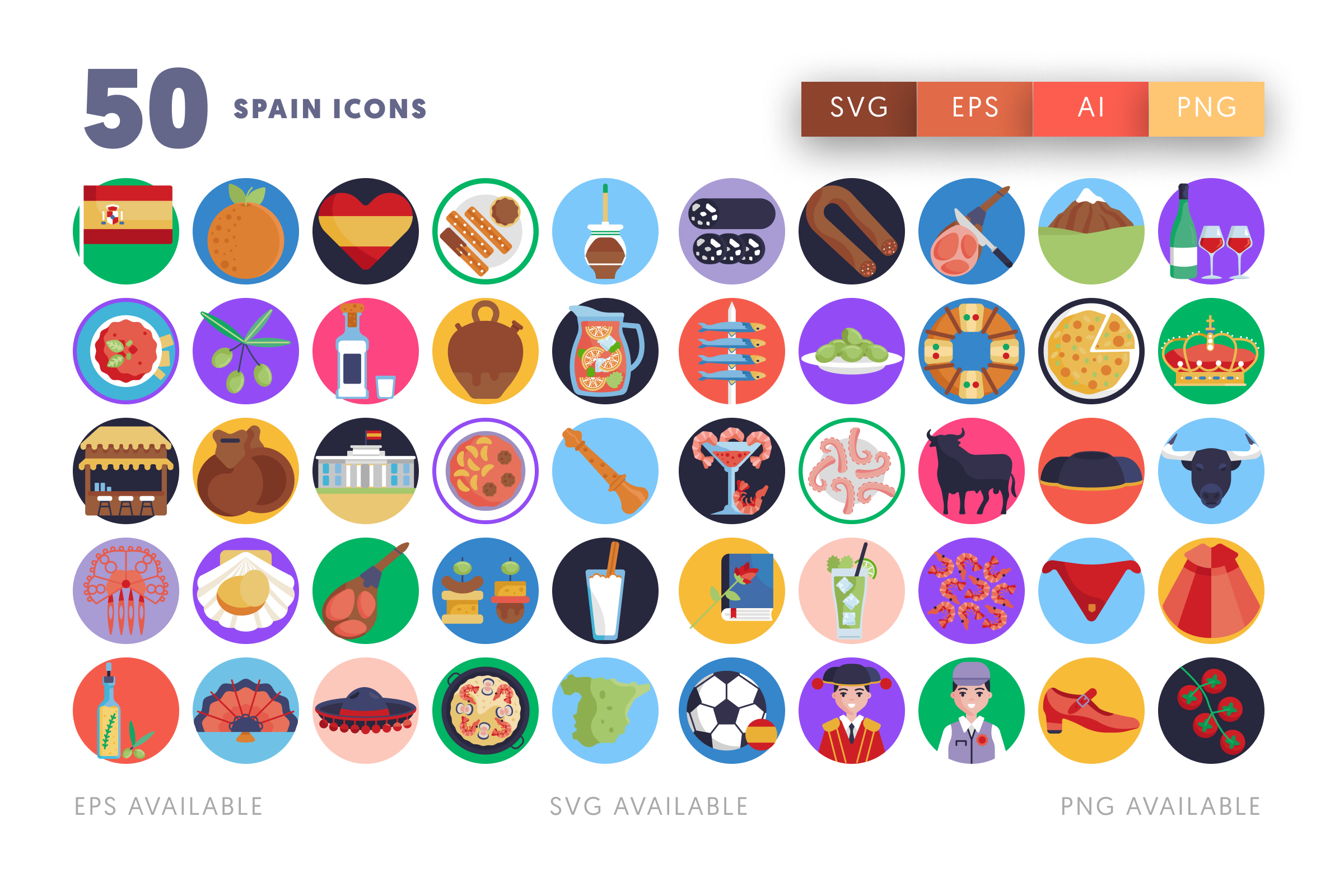 50 Spain Icons – flat circle icon set