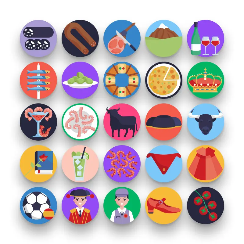 50 Spain Icons – set of colorful flat circle icons