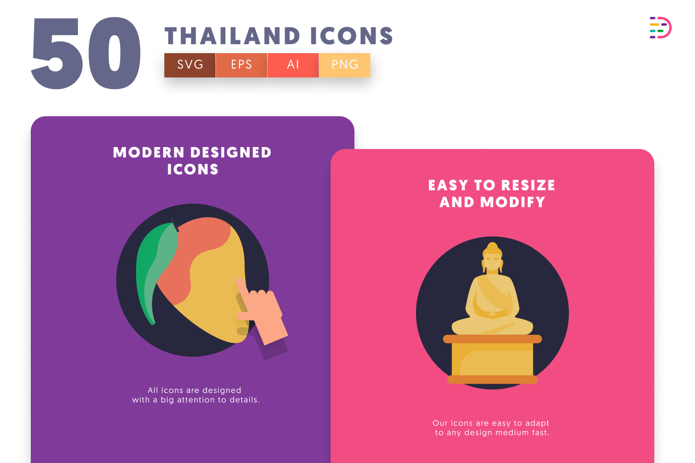 50 Thailand Icons cover – flat circle icons in PNG, SVG and EPS