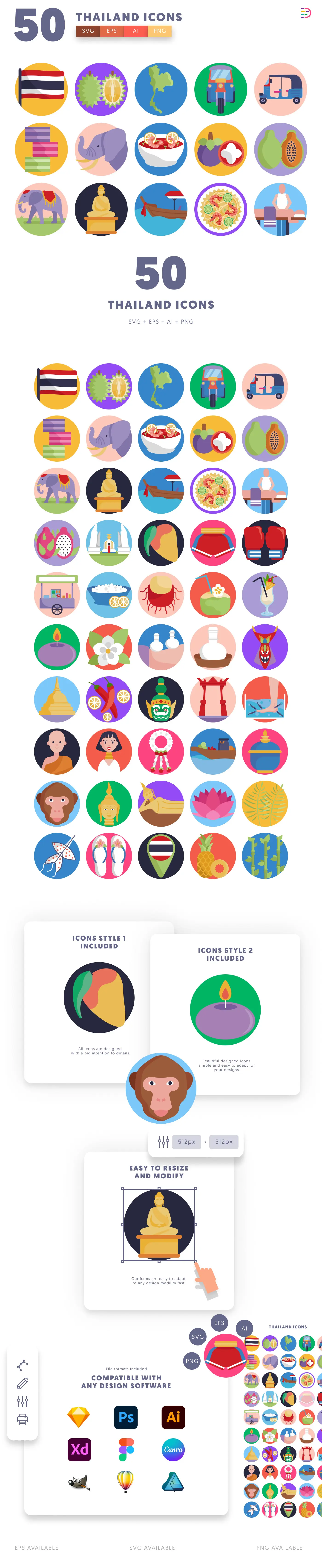 50 Thailand Icons cover – flat circle icons in PNG, SVG and EPS