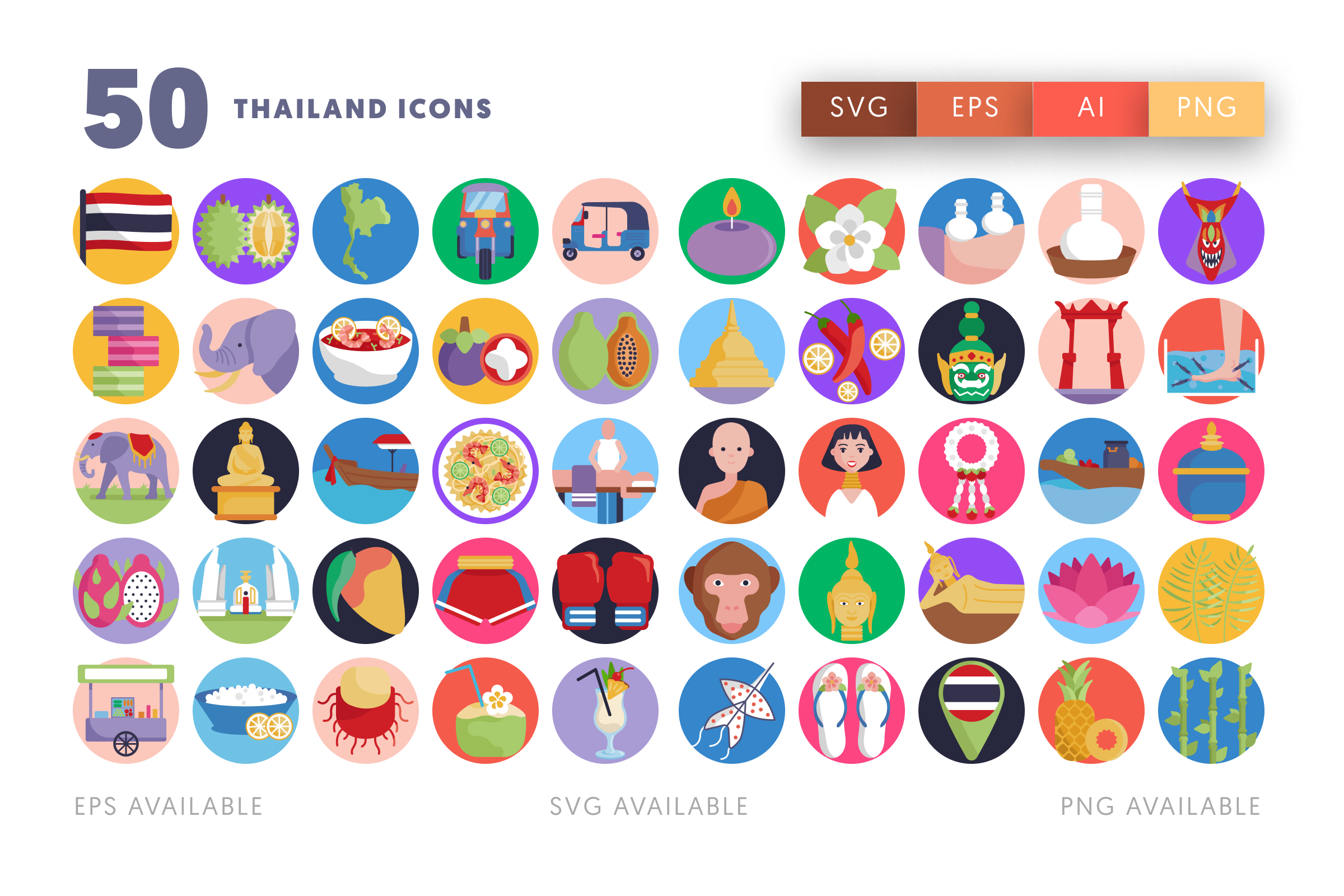 50 Thailand Icons – flat circle icon set