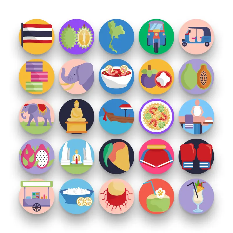 50 Thailand Icons – set of colorful flat circle icons
