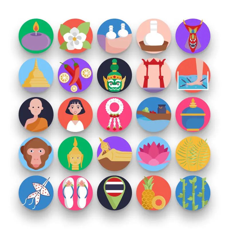 50 Thailand Icons – set of colorful flat circle icons