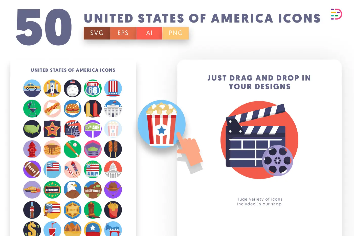 50 United States of America Icons preview 1 – flat circle icons in PNG, SVG and EPS