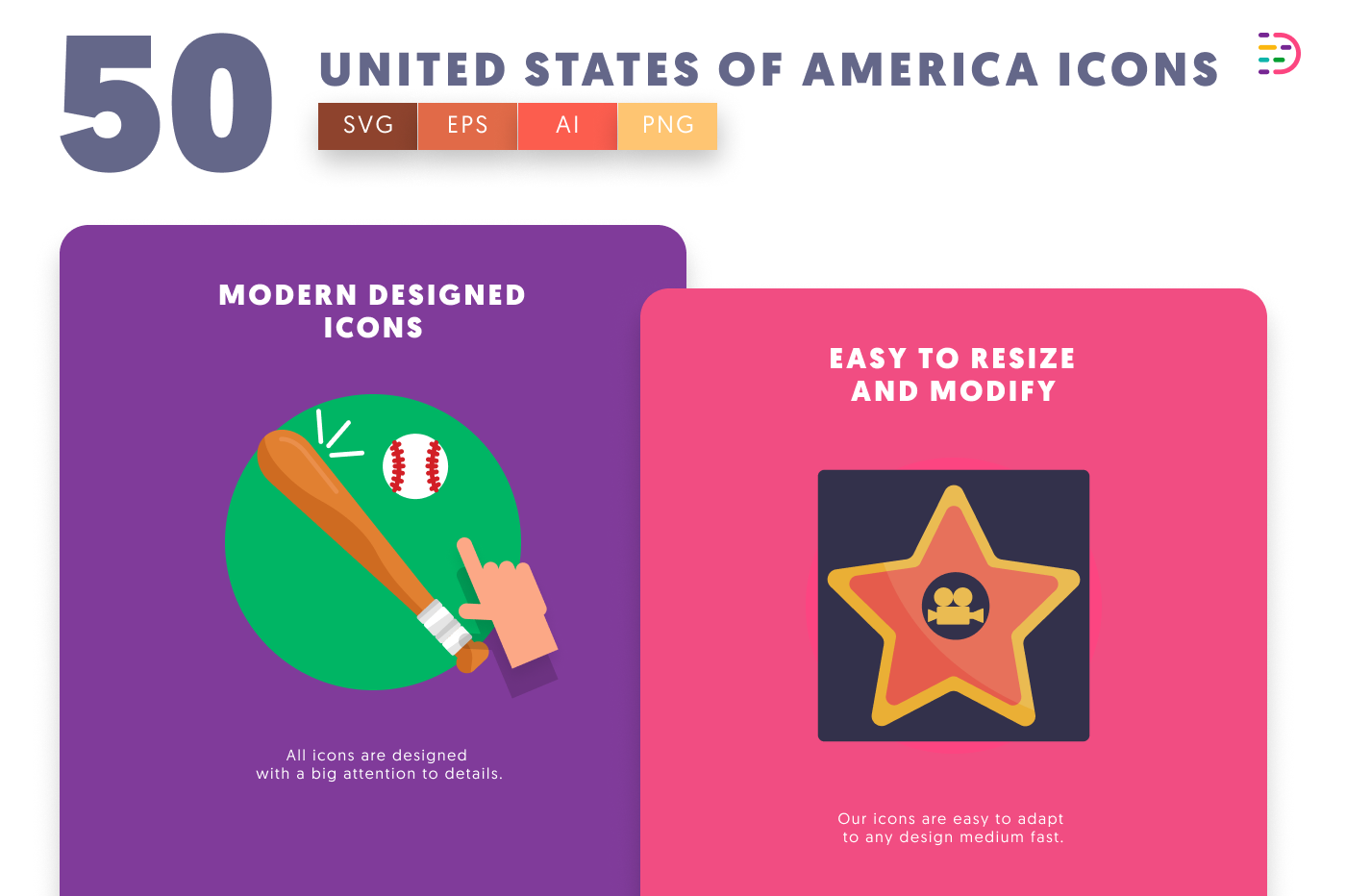 50 United States of America Icons cover – flat circle icons in PNG, SVG and EPS