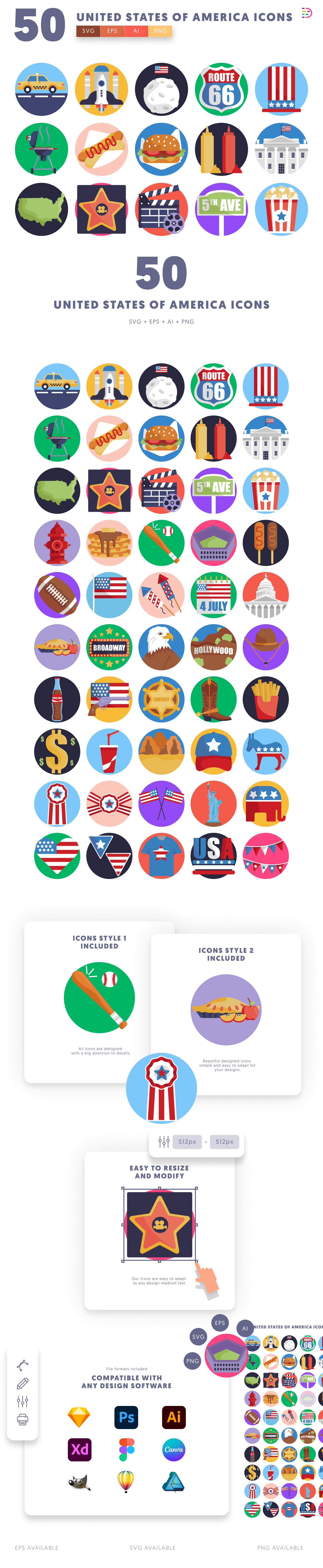 50 United States of America Icons cover – flat circle icons in PNG, SVG and EPS