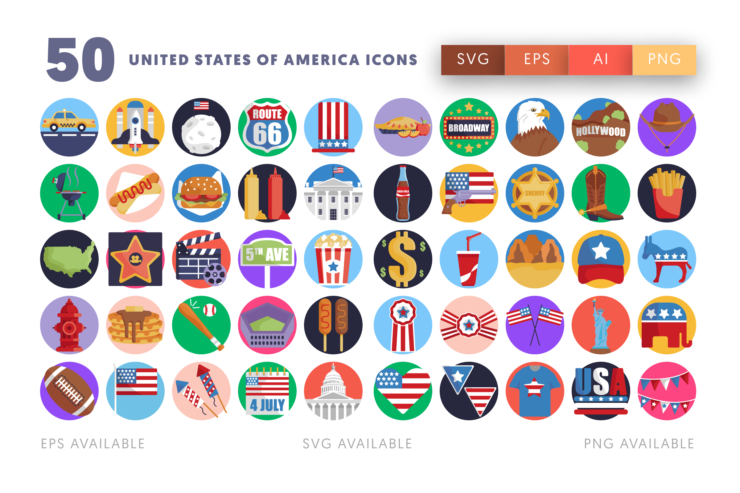50 United States of America Icons – flat circle icon set