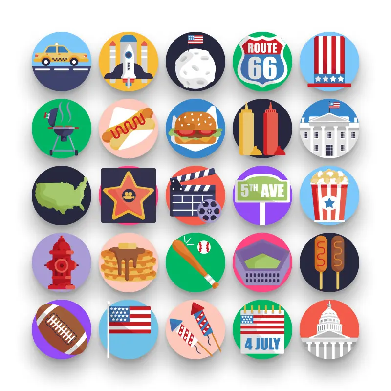 50 United States of America Icons – set of colorful flat circle icons