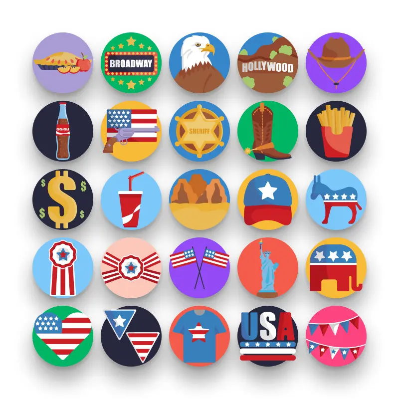 50 United States of America Icons – set of colorful flat circle icons