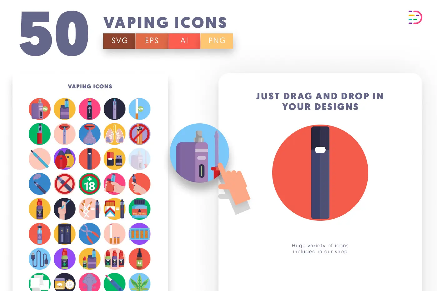 50 Vaping Icons preview 1 – flat circle icons in PNG, SVG and EPS