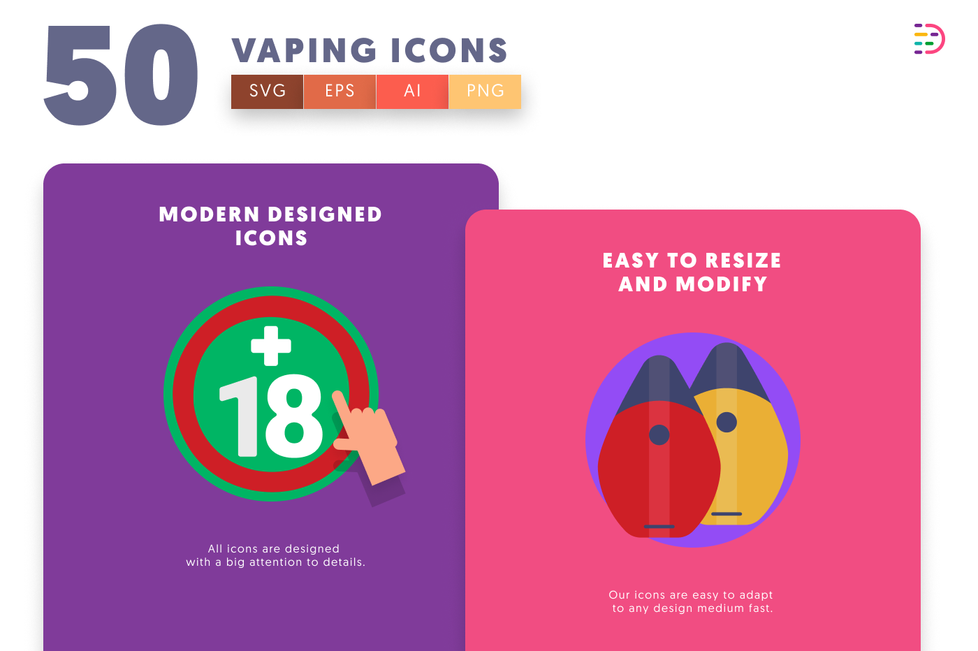 50 Vaping Icons cover – flat circle icons in PNG, SVG and EPS