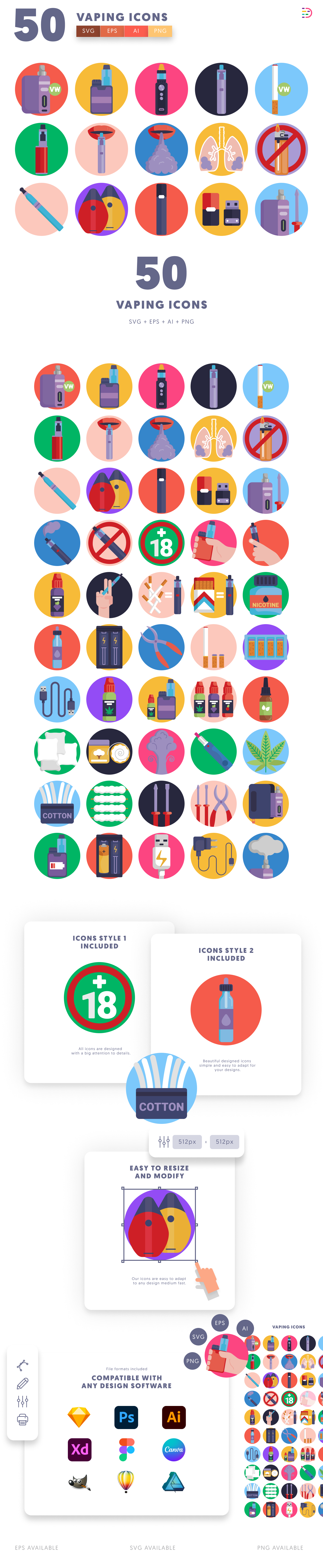 50 Vaping Icons cover – flat circle icons in PNG, SVG and EPS