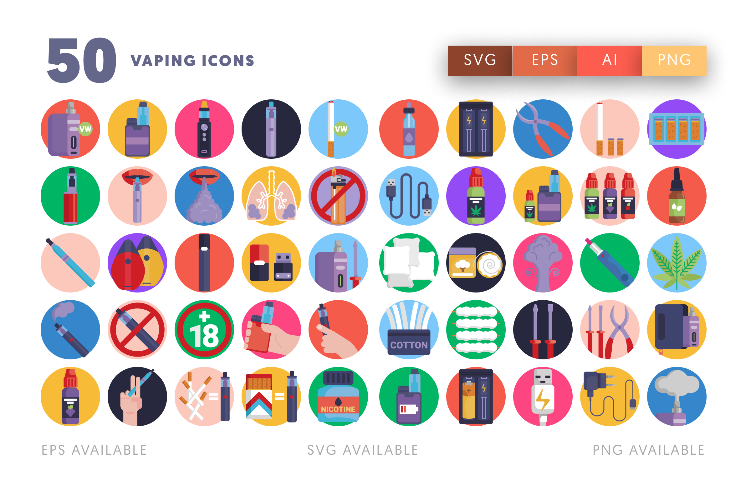 50 Vaping Icons – flat circle icon set