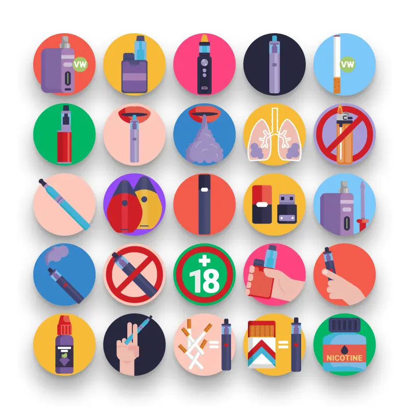 50 Vaping Icons – set of colorful flat circle icons