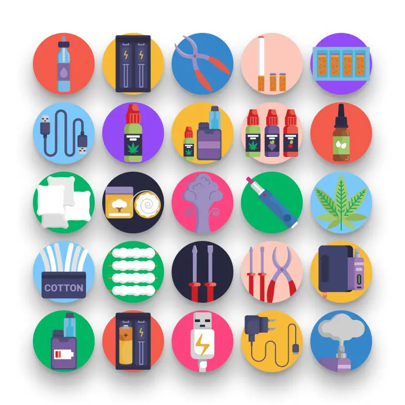 50 Vaping Icons – set of colorful flat circle icons