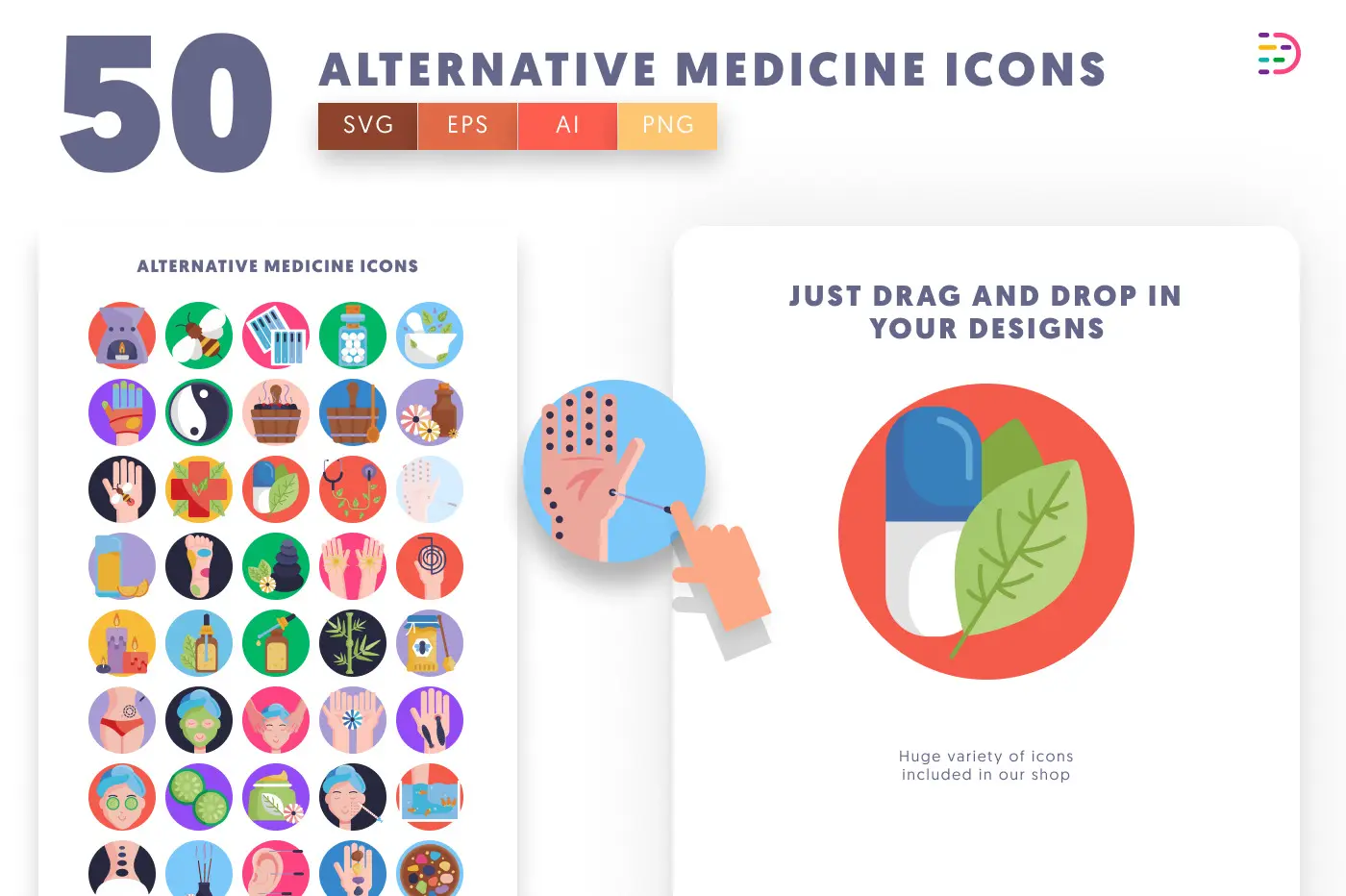 50 Alternative Medicine Icons preview 1 – flat circle icons in PNG, SVG and EPS