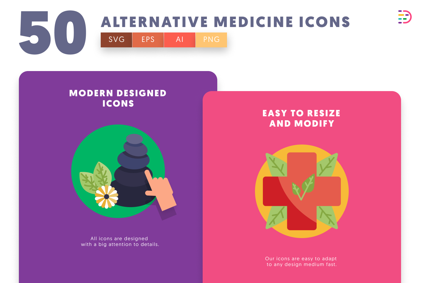 50 Alternative Medicine Icons cover – flat circle icons in PNG, SVG and EPS