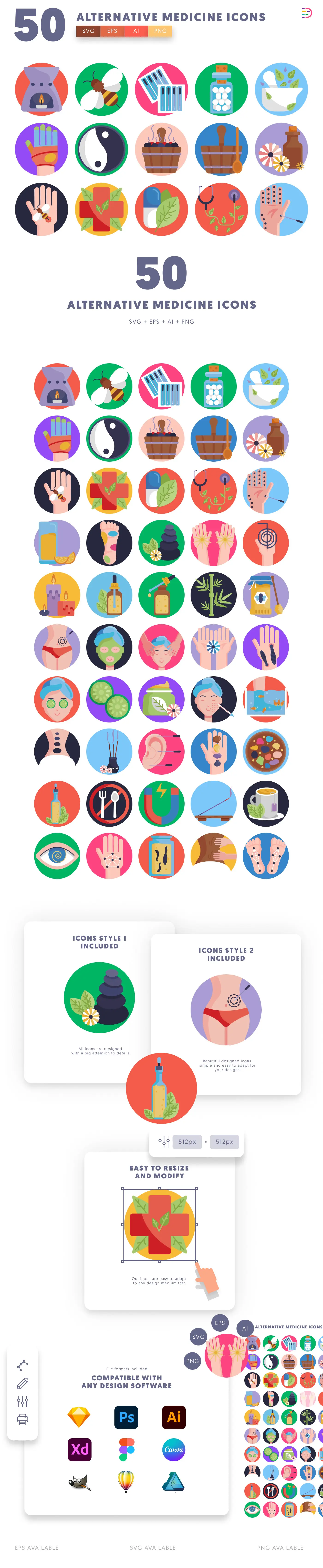 50 Alternative Medicine Icons cover – flat circle icons in PNG, SVG and EPS