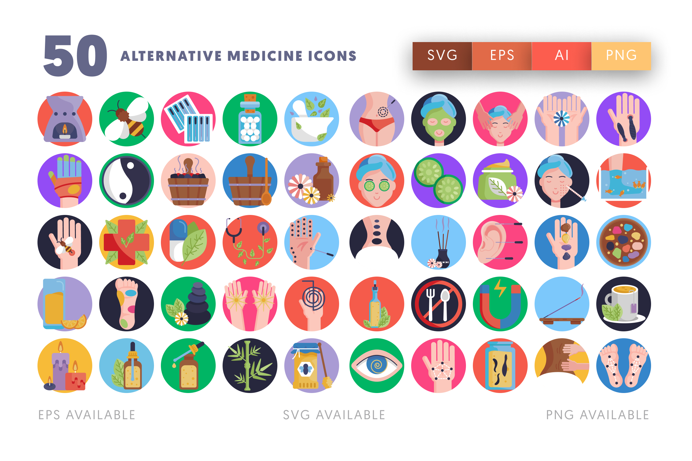50 Alternative Medicine Icons – flat circle icon set