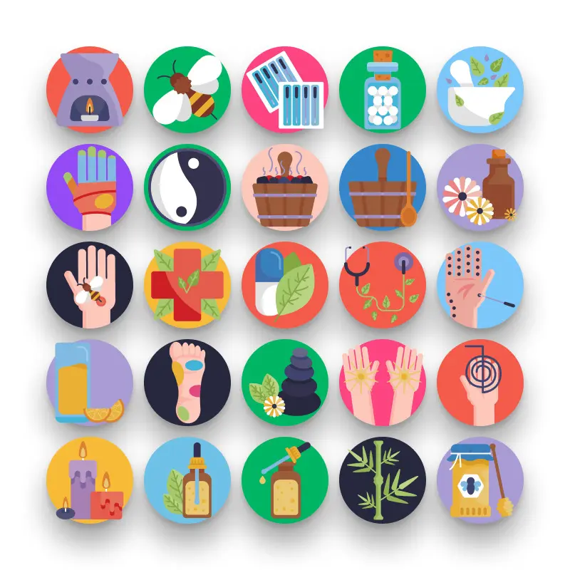 50 Alternative Medicine Icons – set of colorful flat circle icons