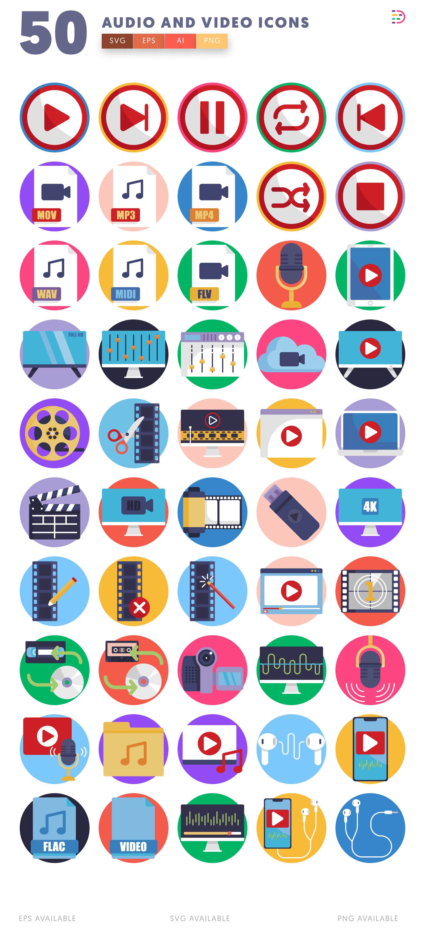 50 Audio and Video Icons – set of colorful flat circle icons