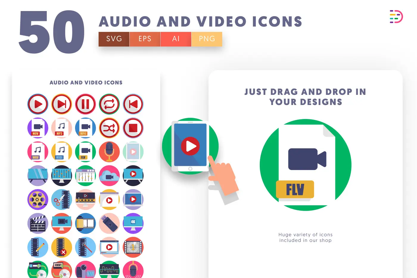 50 Audio and Video Icons – set of colorful flat circle icons