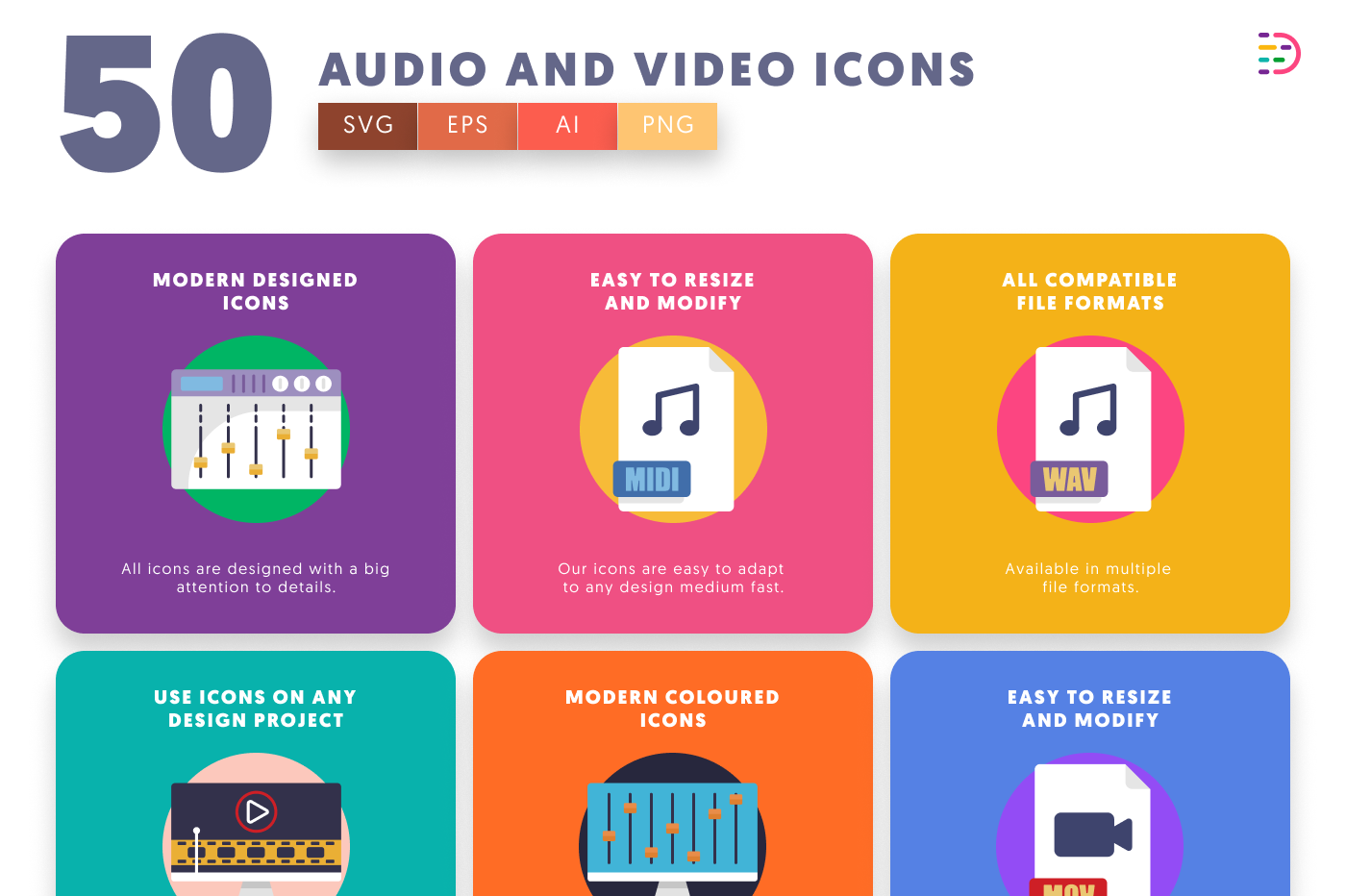 50 Audio and Video Icons – set of colorful flat circle icons