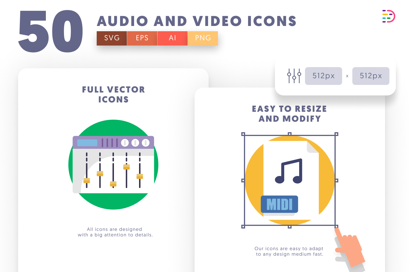 50 Audio and Video Icons – set of colorful flat circle icons