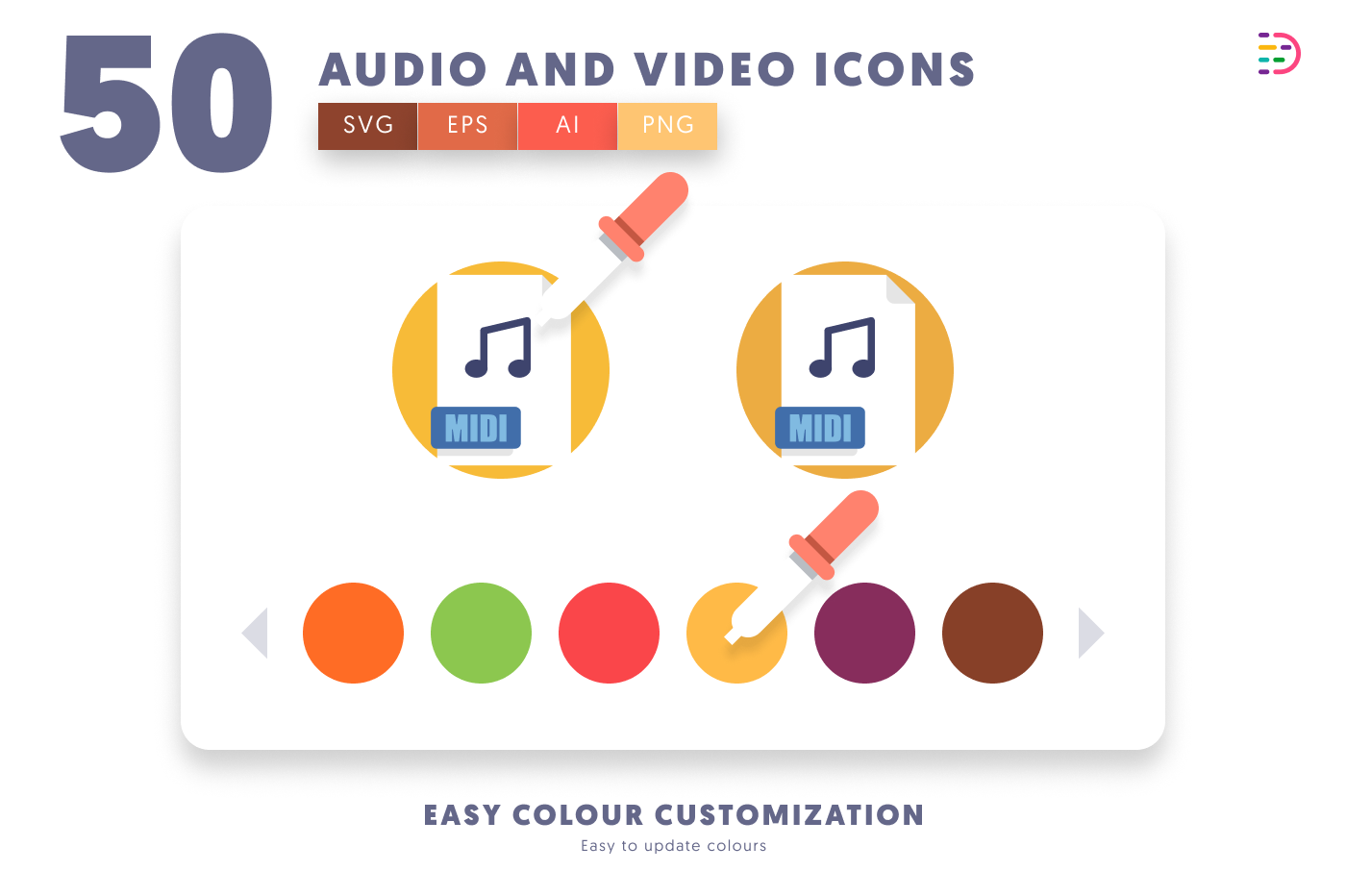 50 Audio and Video Icons – set of colorful flat circle icons