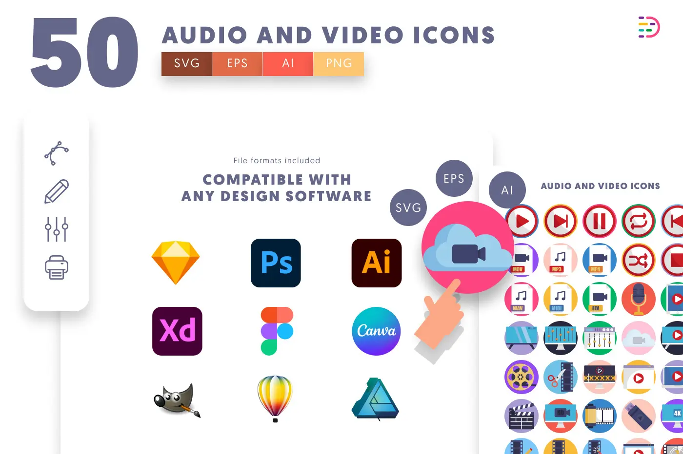 50 Audio and Video Icons – set of colorful flat circle icons