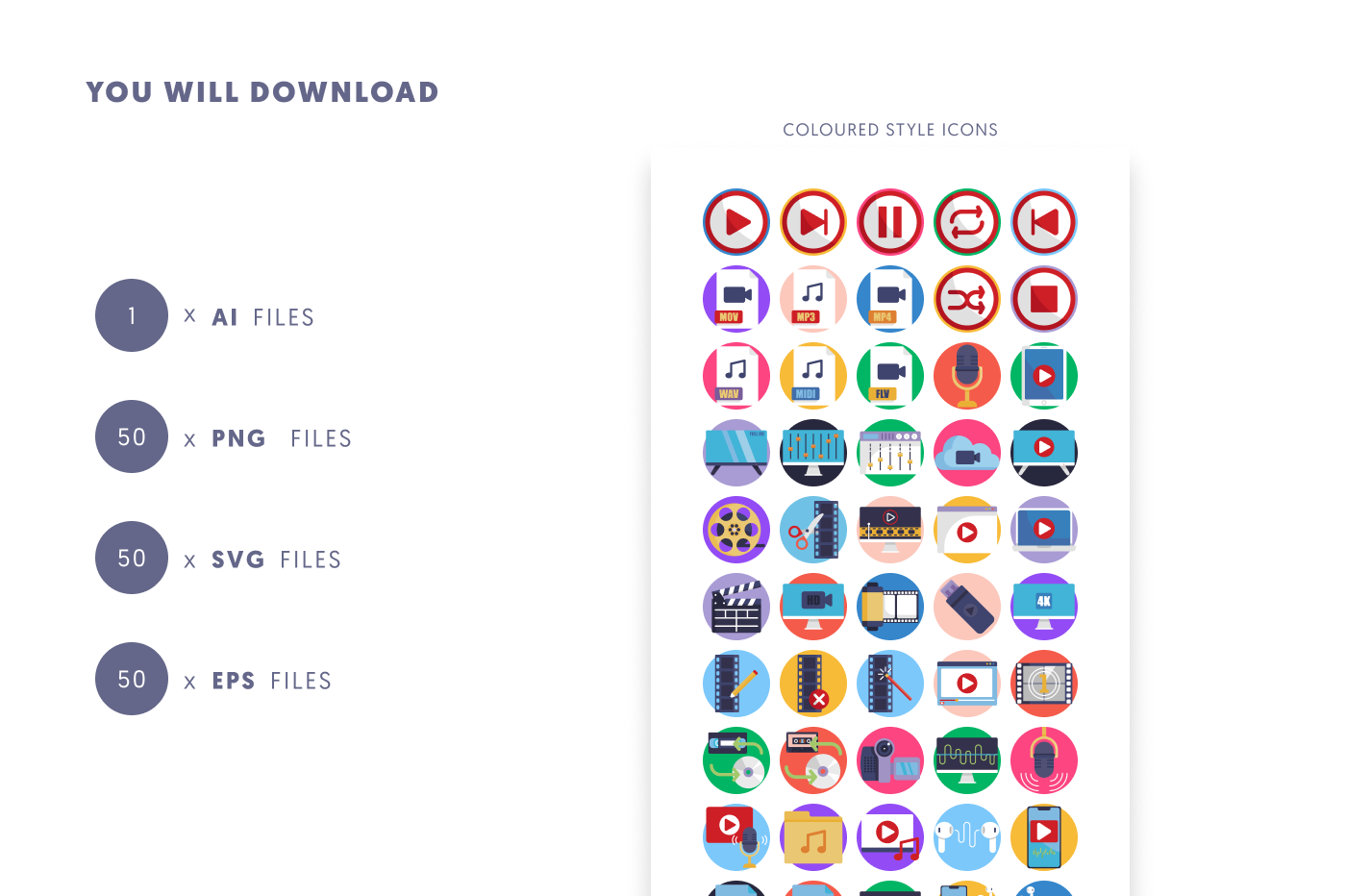 50 Audio and Video Icons – set of colorful flat circle icons