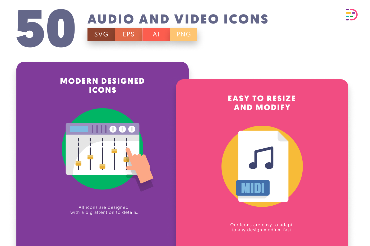 50 Audio and Video Icons – set of colorful flat circle icons