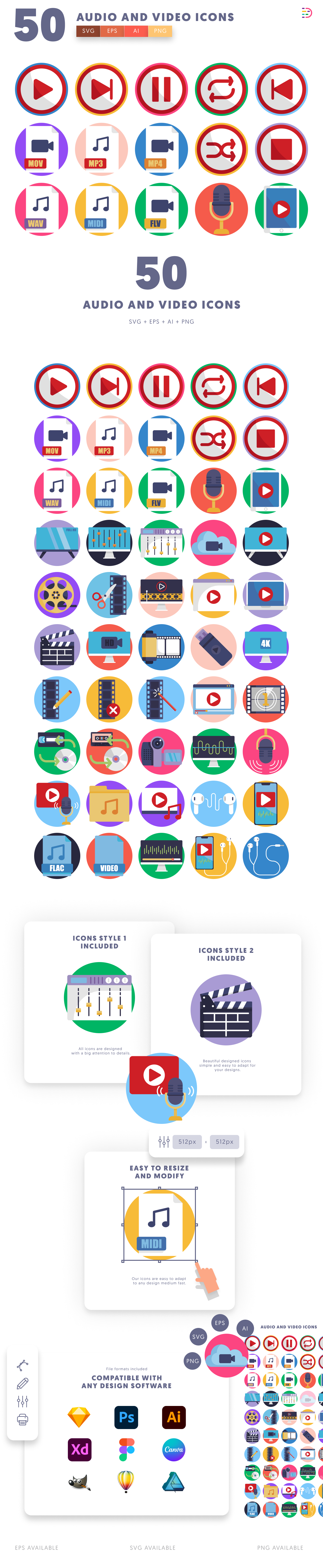 50 Audio and Video Icons – set of colorful flat circle icons