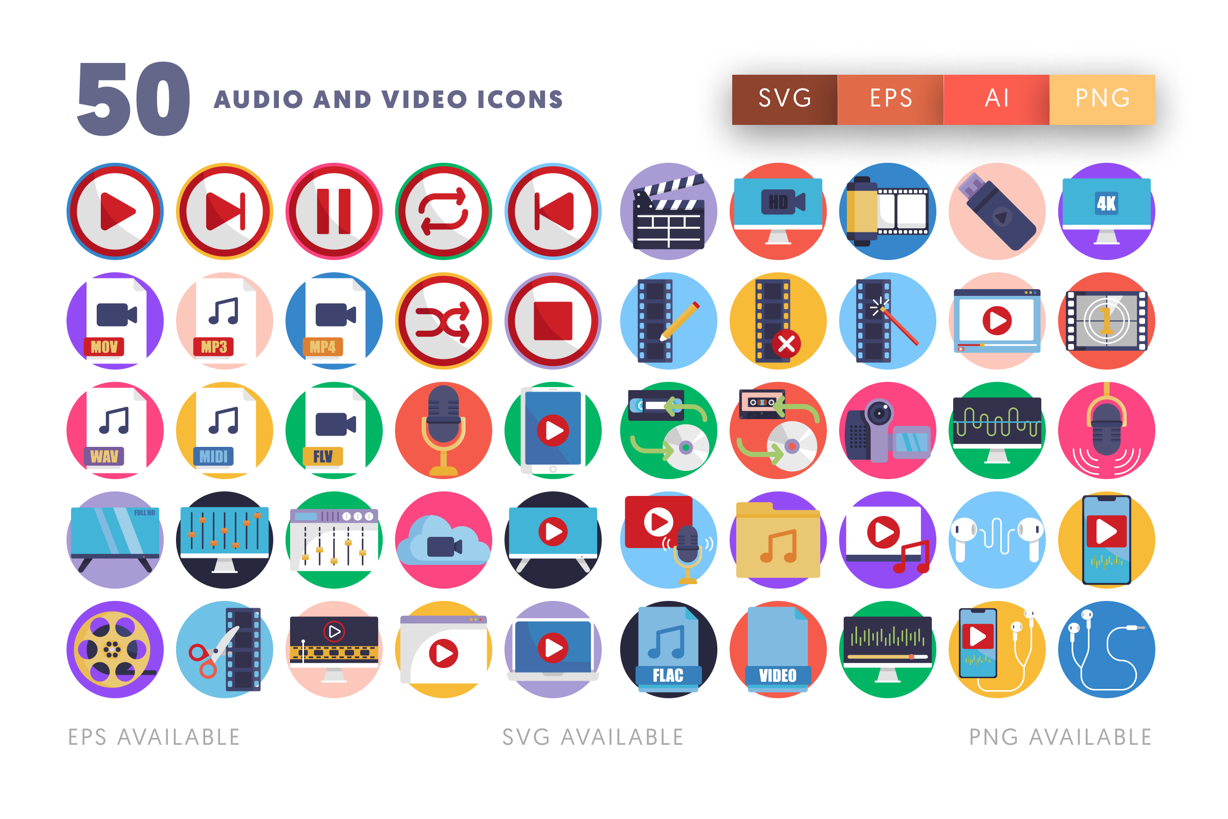 50 Audio and Video Icons – flat circle icon set