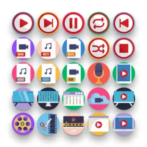 50 Audio and Video Icons – set of colorful flat circle icons