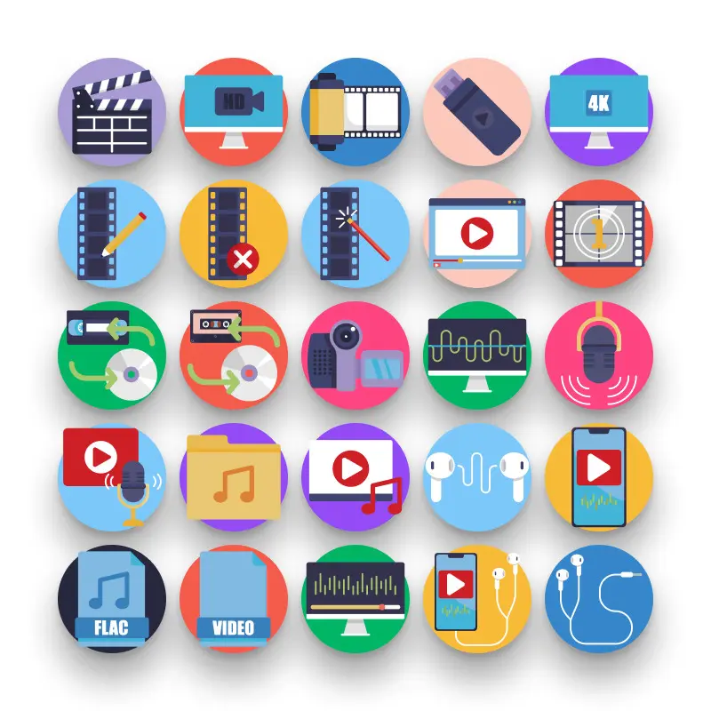 50 Audio and Video Icons – set of colorful flat circle icons