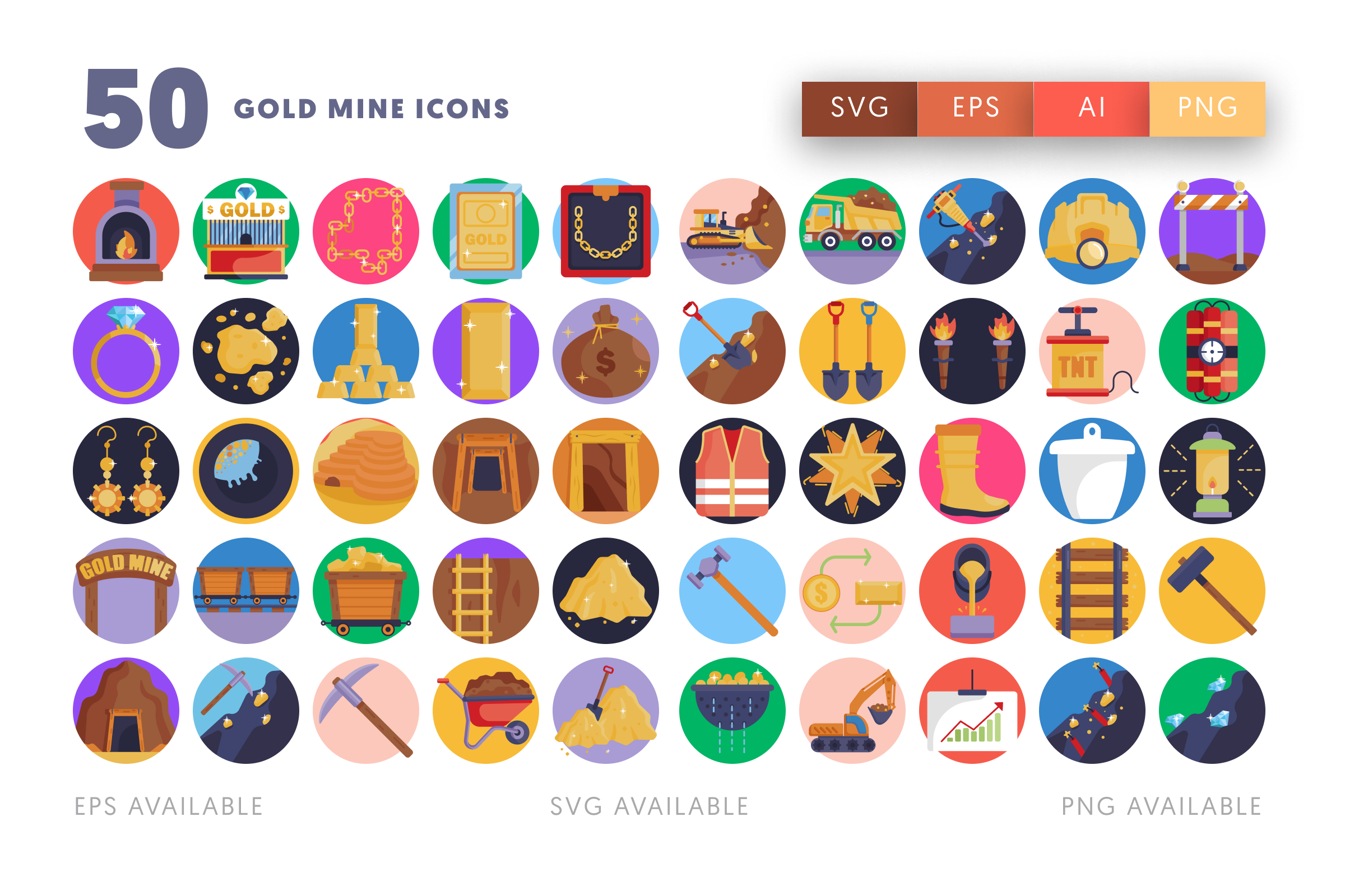 50 Gold Mine Icons – flat circle icon set
