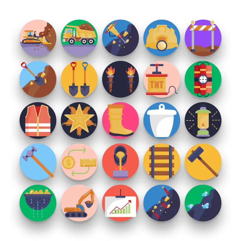 50 Gold Mine Icons – set of colorful flat circle icons