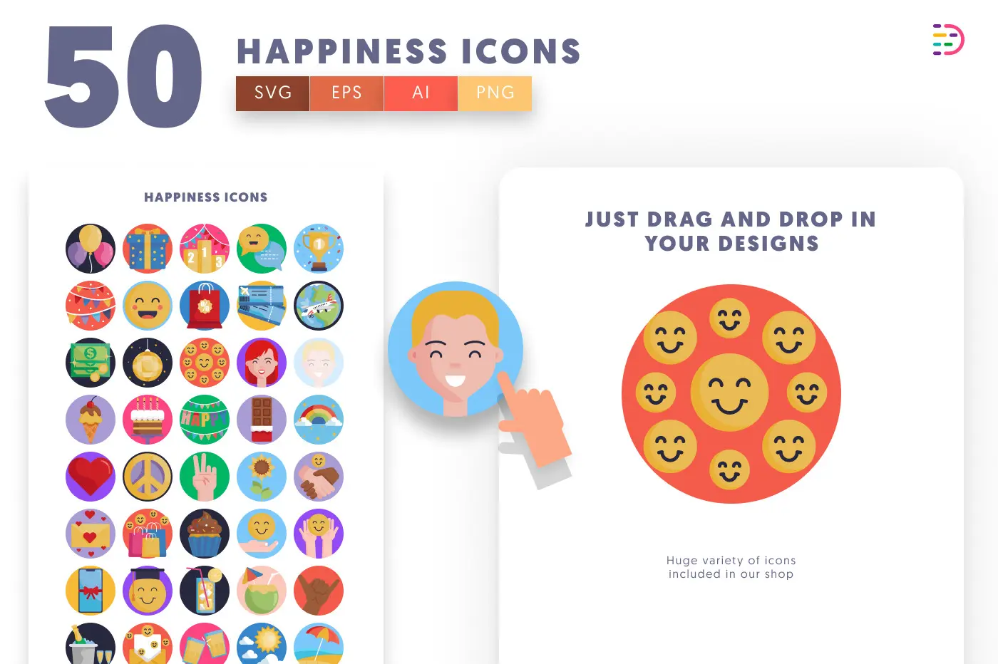 50 Happiness Icons preview 1 – flat circle icons in PNG, SVG and EPS