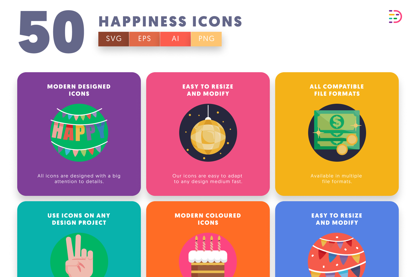 50 Happiness Icons preview 5 – flat circle icons in PNG, SVG and EPS