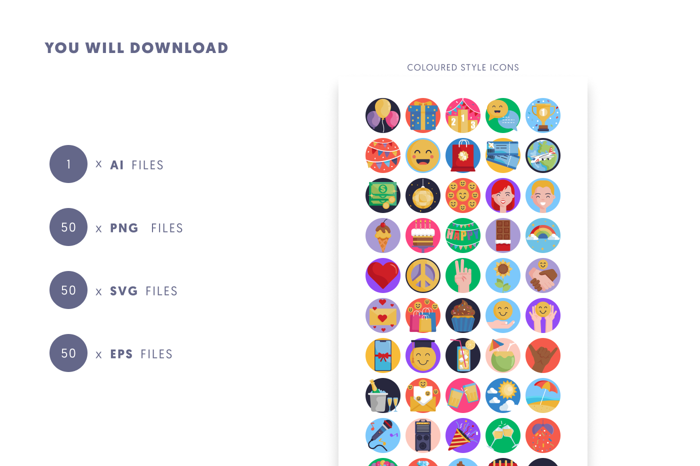 50 Happiness Icons preview 9 – flat circle icons in PNG, SVG and EPS