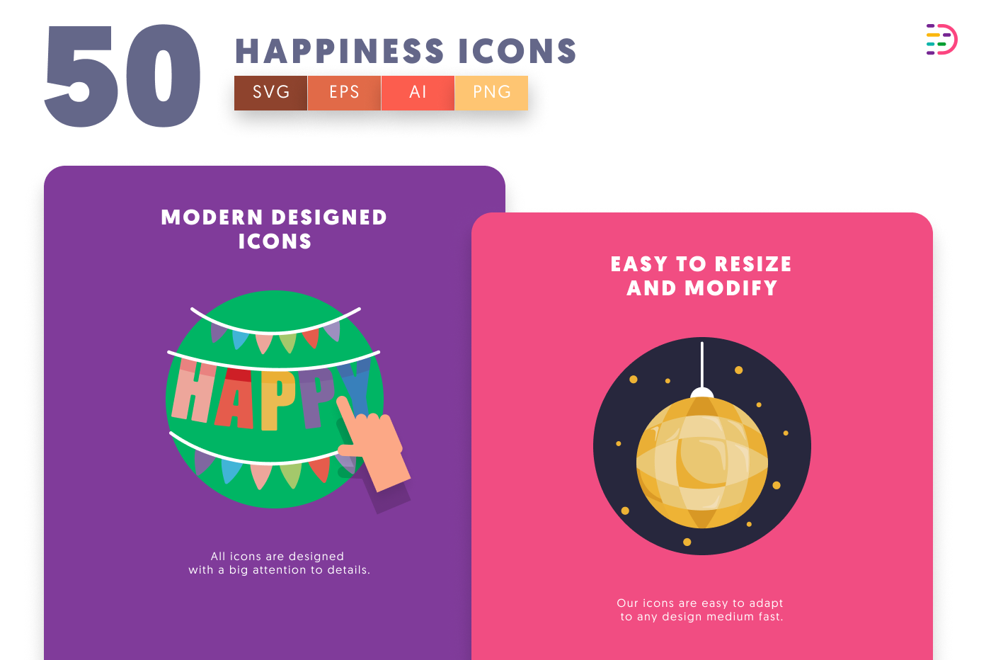 50 Happiness Icons cover – flat circle icons in PNG, SVG and EPS