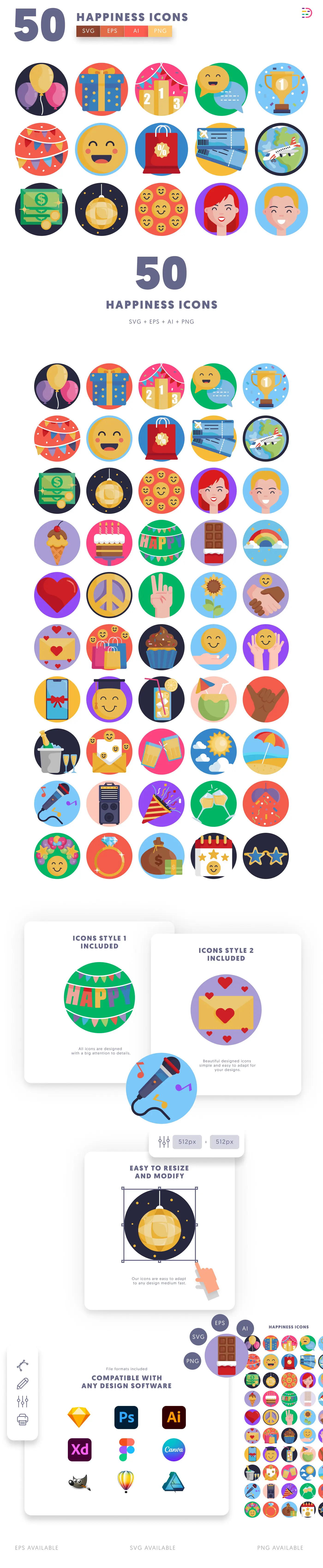 50 Happiness Icons cover – flat circle icons in PNG, SVG and EPS