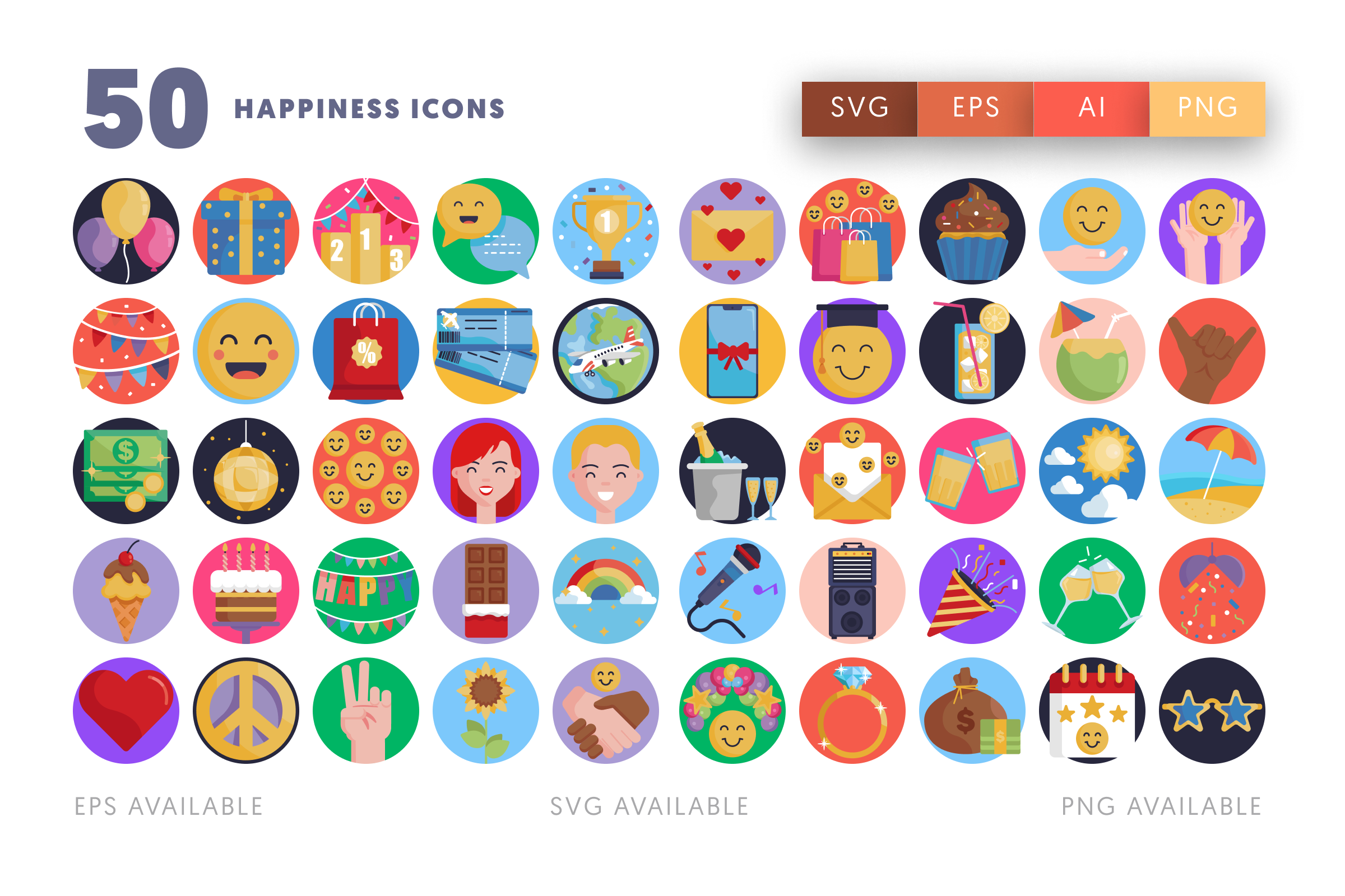 50 Happiness Icons – flat circle icon set
